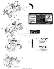 Decals Group Diagram and Parts List for 107250070 (2691088-00)(2012) Briggs and Stratton Lawn Tractor